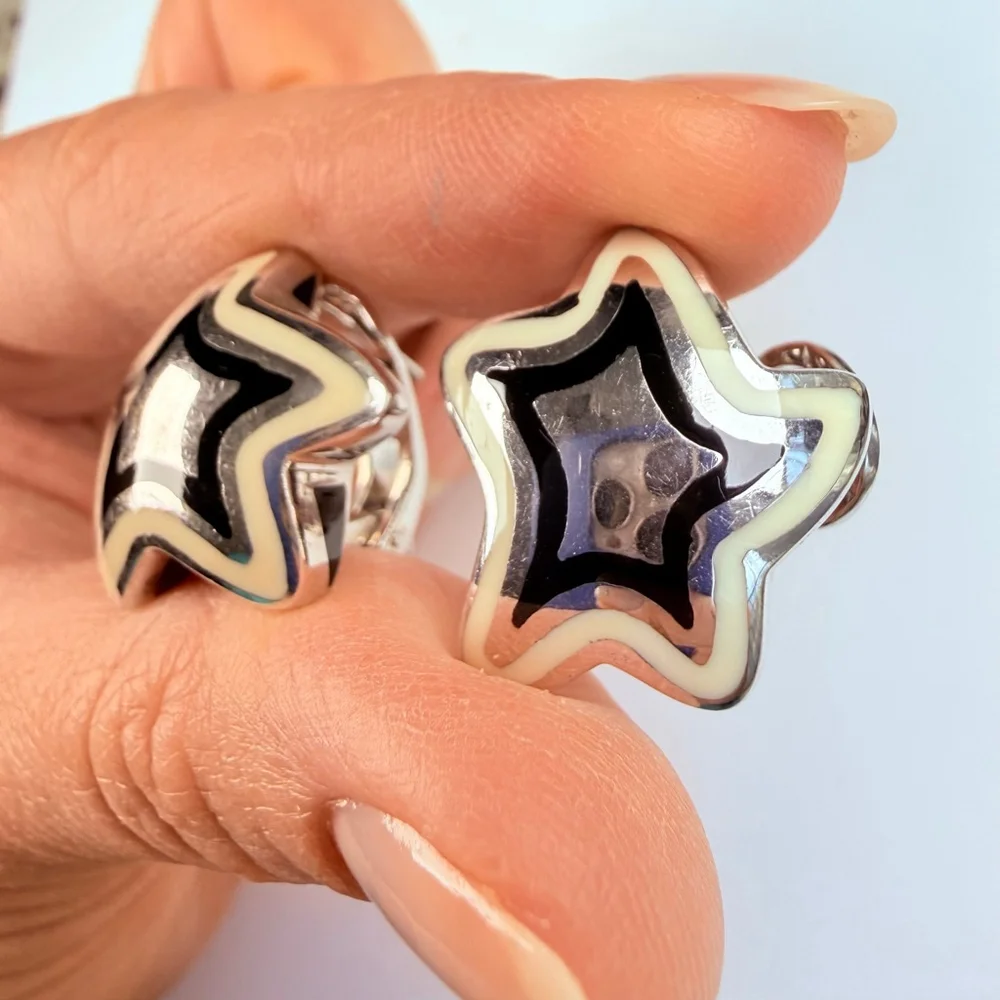 Alan K RockStar Enamel Puffy Designer Sterling Silver Star 925 Earrings Italy - Picture 10 of 11